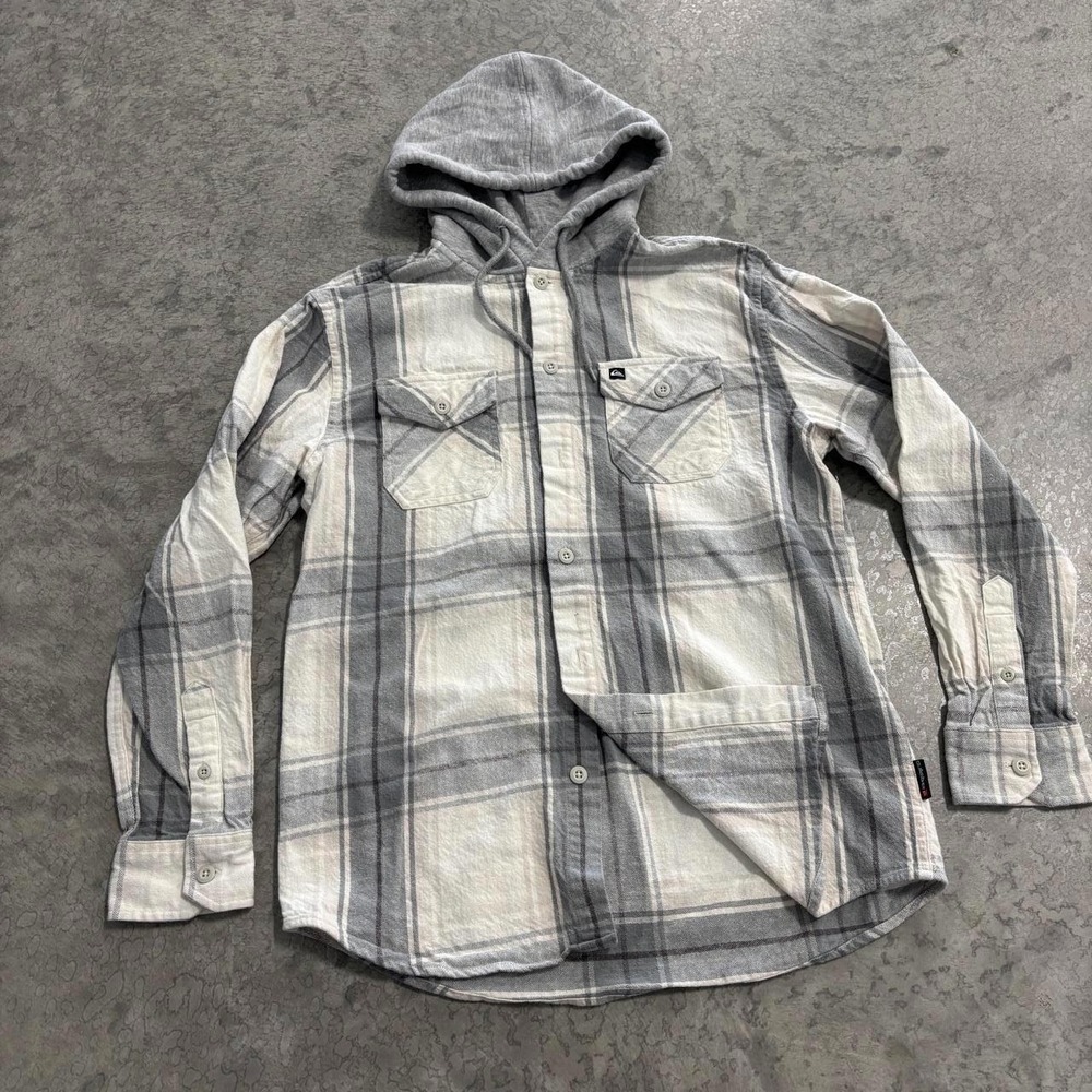 Quiksilver Light Blue White Gray Plaid Hooded Button Up Sweatshirt Small